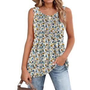 Zeagoo Women’s Summer Tank Tops 2026 Pleated Crew Neck Floral Solid Loose Fit Casual Sleeveless Flowy Boho Tunic Shirts(Small Floral)