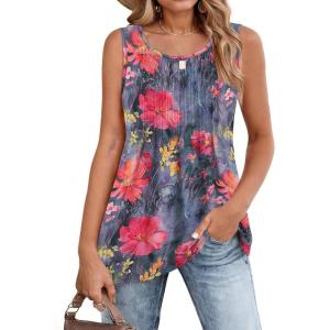 Zeagoo Women’s Summer Tank Tops 2026 Pleated Crew Neck Floral Solid Loose Fit Casual Sleeveless Flowy Boho Tunic Shirts(Wf19)
