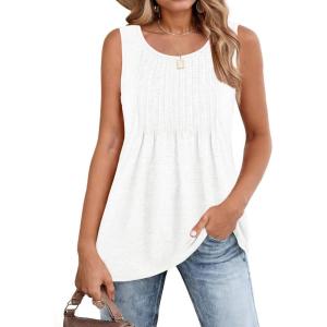 Zeagoo Women’s Summer Tank Tops 2026 Pleated Crew Neck Floral Solid Loose Fit Casual Sleeveless Flowy Boho Tunic Shirts(White)