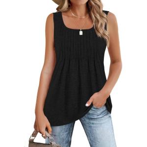 Zeagoo Women’s Summer Tank Tops 2026 Pleated Square Neck Loose Fit Casual Flowy Tunic Sleeveless Shirts(Black)