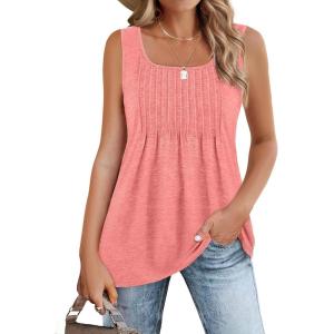 Zeagoo Women’s Summer Tank Tops 2026 Pleated Square Neck Loose Fit Casual Flowy Tunic Sleeveless Shirts(Coral)