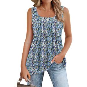 Zeagoo Women’s Summer Tank Tops 2026 Pleated Square Neck Loose Fit Casual Flowy Tunic Sleeveless Shirts(Floral Blue)
