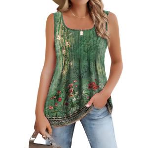 Zeagoo Women’s Summer Tank Tops 2026 Pleated Square Neck Loose Fit Casual Flowy Tunic Sleeveless Shirts(Floral Green)