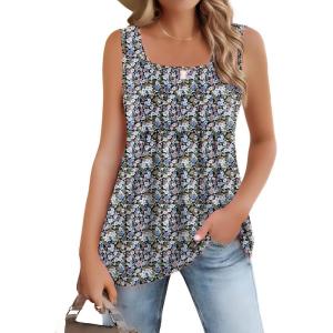 Zeagoo Women’s Summer Tank Tops 2026 Pleated Square Neck Loose Fit Casual Flowy Tunic Sleeveless Shirts(Multicolor Floral)