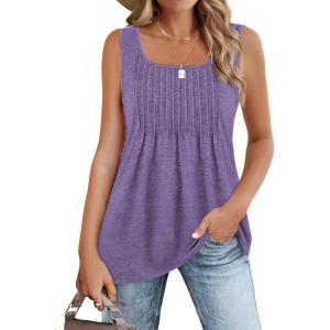 Zeagoo Women’s Summer Tank Tops 2026 Pleated Square Neck Loose Fit Casual Flowy Tunic Sleeveless Shirts(Purple)