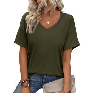Zeagoo Womens Summer Tops Short Sleeve Casual Shirts Floral Tee Trendy 2026 Basics V Neck Plain Tshirt(Army Green)
