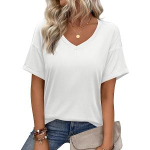 Zeagoo Womens Summer Tops Short Sleeve Casual Shirts Floral Tee Trendy 2026 Basics V Neck Plain Tshirt(A-white)