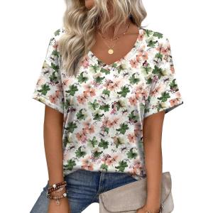Zeagoo Womens Summer Tops Short Sleeve Casual Shirts Floral Tee Trendy 2026 Basics V Neck Plain Tshirt(Bf106)