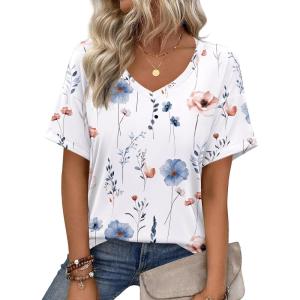 Zeagoo Womens Summer Tops Short Sleeve Casual Shirts Floral Tee Trendy 2026 Basics V Neck Plain Tshirt(Bf112)
