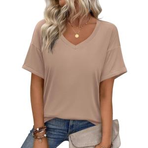 Zeagoo Womens Summer Tops Short Sleeve Casual Shirts Floral Tee Trendy 2026 Basics V Neck Plain Tshirt(Khaki)