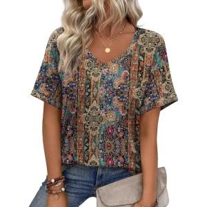 Zeagoo Womens Summer Tops Short Sleeve Casual Shirts Floral Tee Trendy 2026 Basics V Neck Plain Tshirt(Mz721)