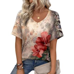 Zeagoo Womens Summer Tops Short Sleeve Casual Shirts Floral Tee Trendy 2026 Basics V Neck Plain Tshirt(Pa275)