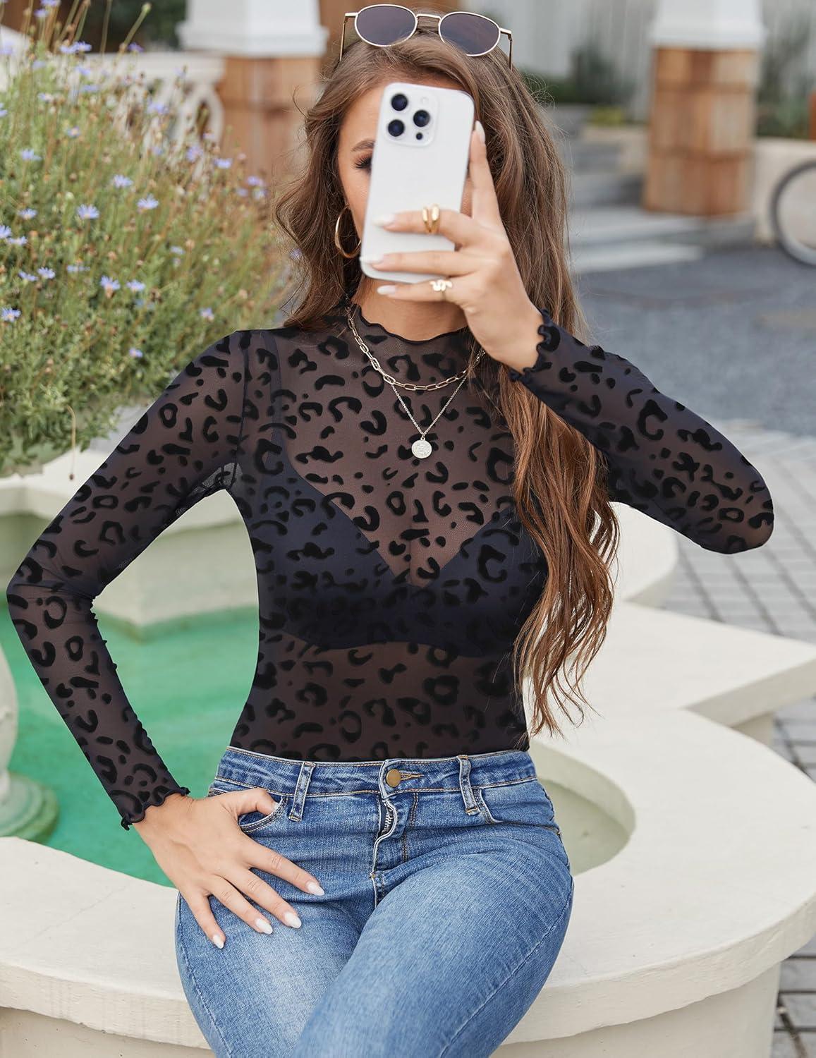imageZEAGOO Womens Mesh Long Sleeve Tops Mock Neck Going Out See Through Shirts Sexy Sheer Blouses Clubwear SXXLAn59
