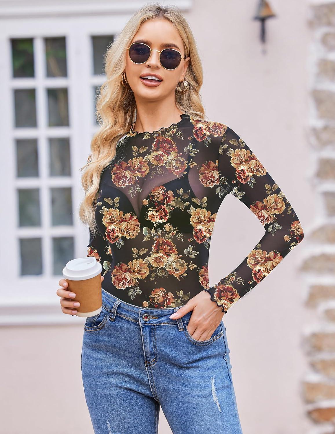 imageZEAGOO Womens Mesh Long Sleeve Tops Mock Neck Going Out See Through Shirts Sexy Sheer Blouses Clubwear SXXLBf282