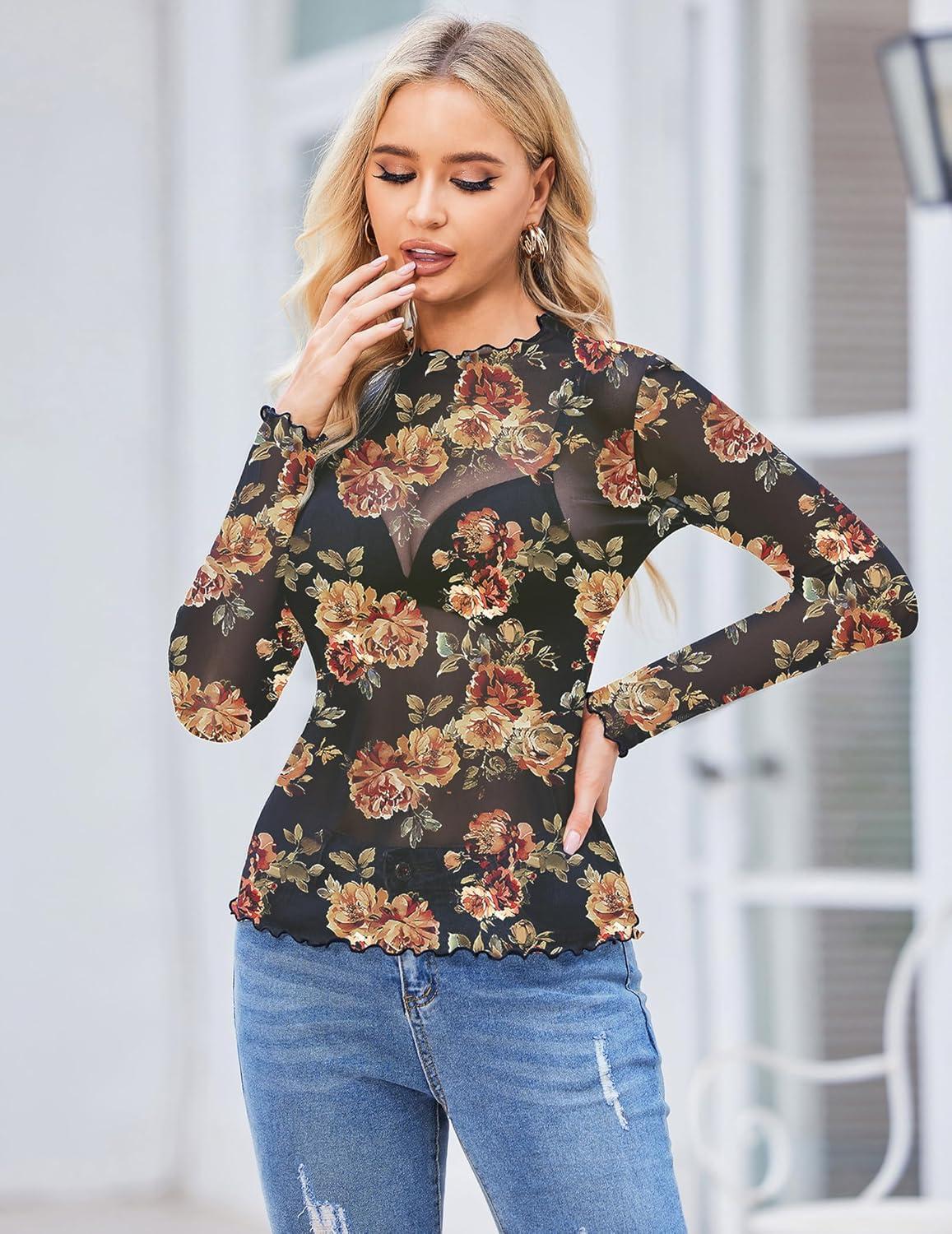imageZEAGOO Womens Mesh Long Sleeve Tops Mock Neck Going Out See Through Shirts Sexy Sheer Blouses Clubwear SXXLBf282