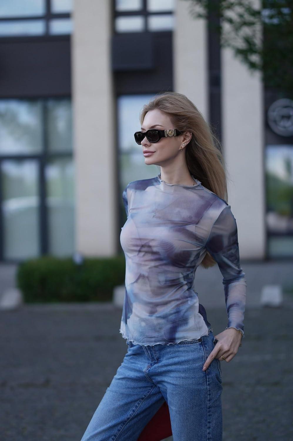 imageZEAGOO Womens Mesh Long Sleeve Tops Mock Neck Going Out See Through Shirts Sexy Sheer Blouses Clubwear SXXLCx233