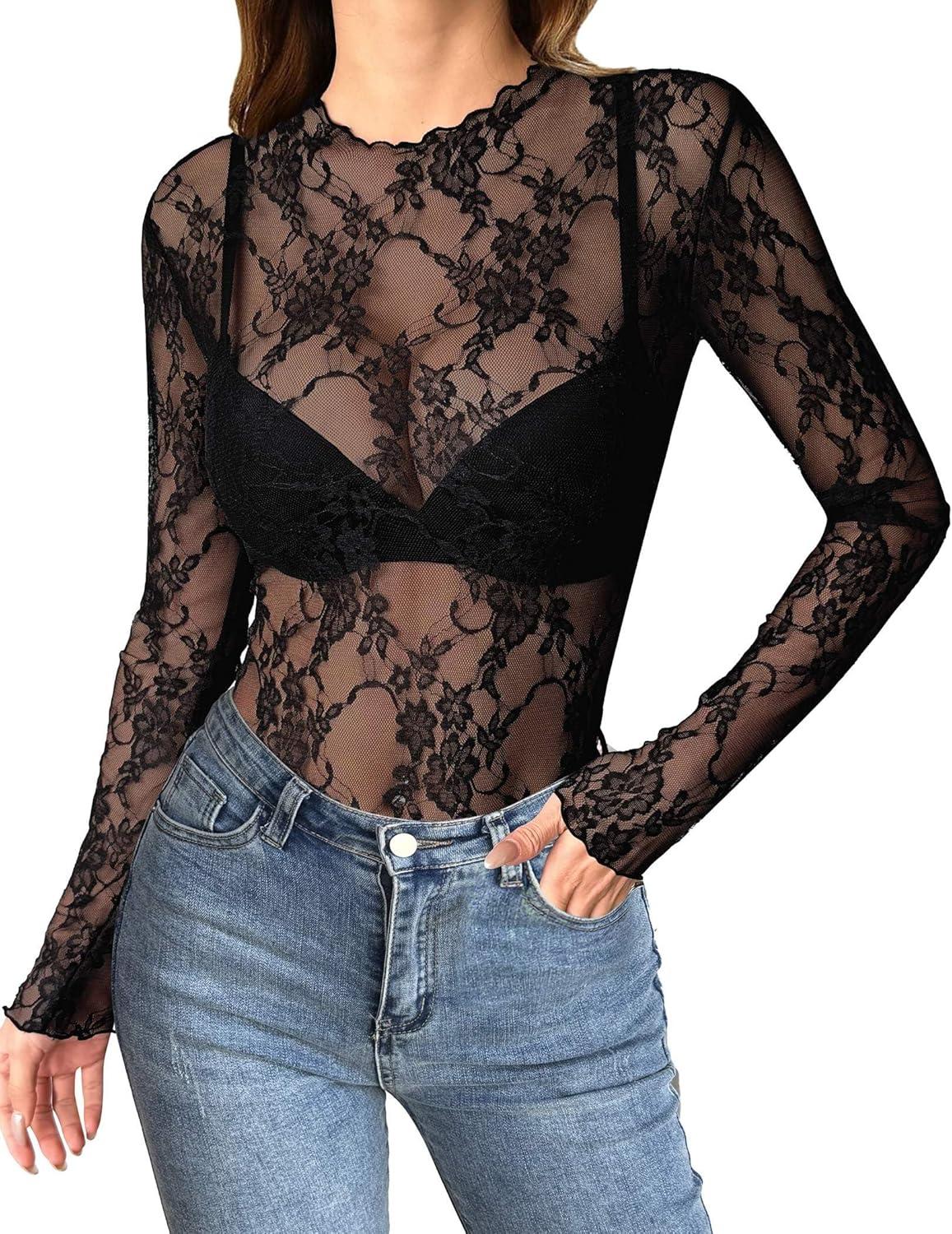 imageZEAGOO Womens Mesh Long Sleeve Tops Mock Neck Going Out See Through Shirts Sexy Sheer Blouses Clubwear SXXLLace Black