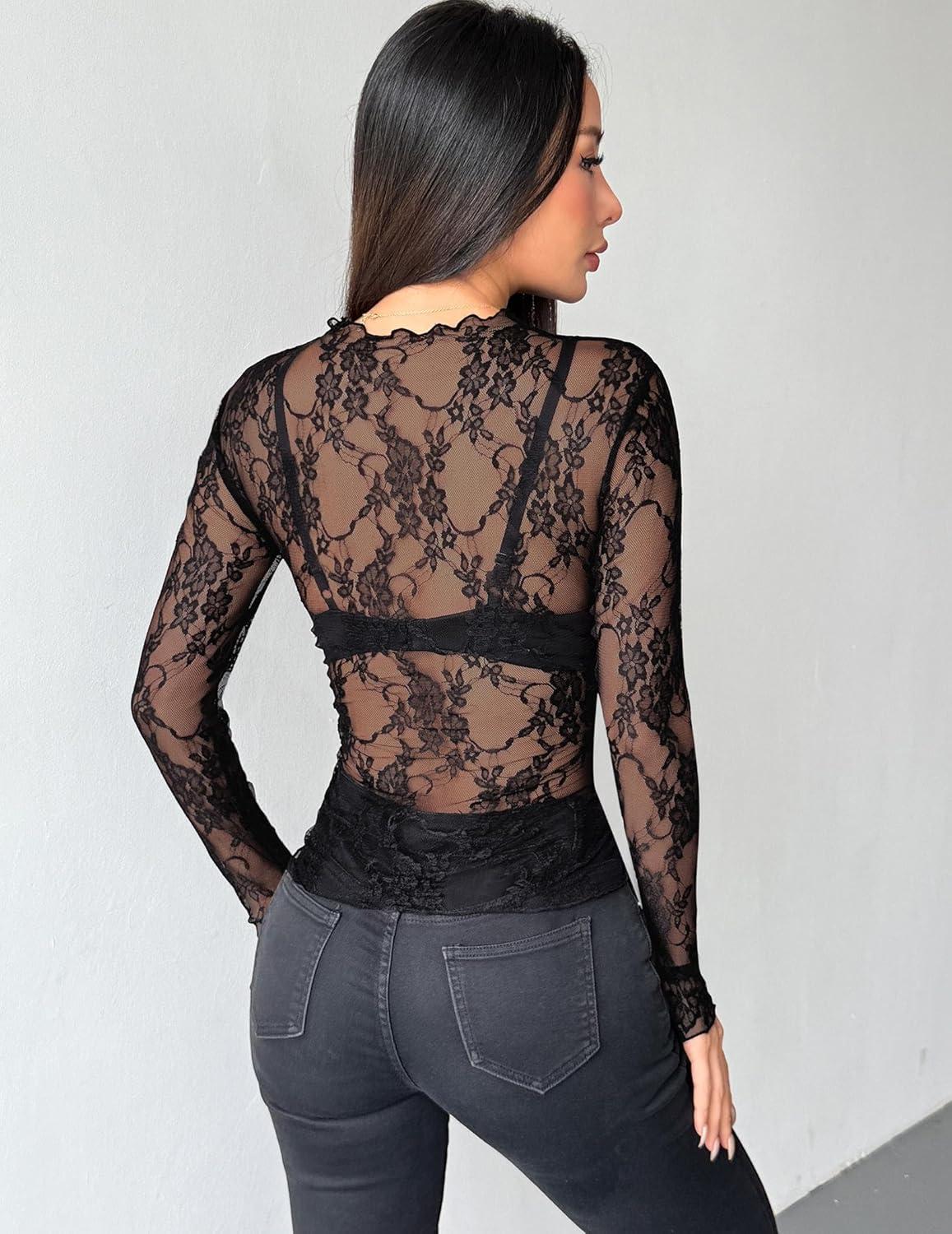 imageZEAGOO Womens Mesh Long Sleeve Tops Mock Neck Going Out See Through Shirts Sexy Sheer Blouses Clubwear SXXLLace Black