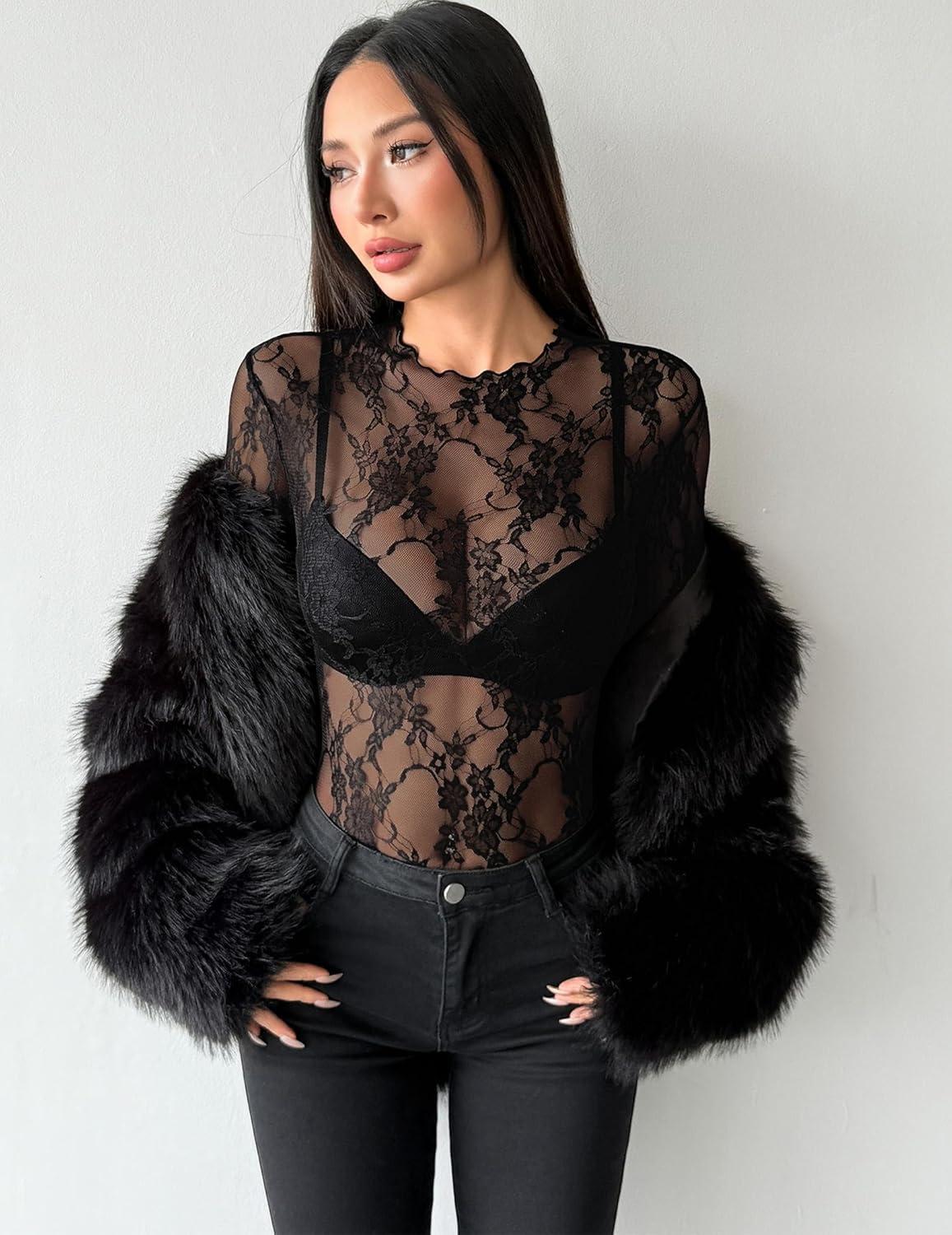 imageZEAGOO Womens Mesh Long Sleeve Tops Mock Neck Going Out See Through Shirts Sexy Sheer Blouses Clubwear SXXLLace Black