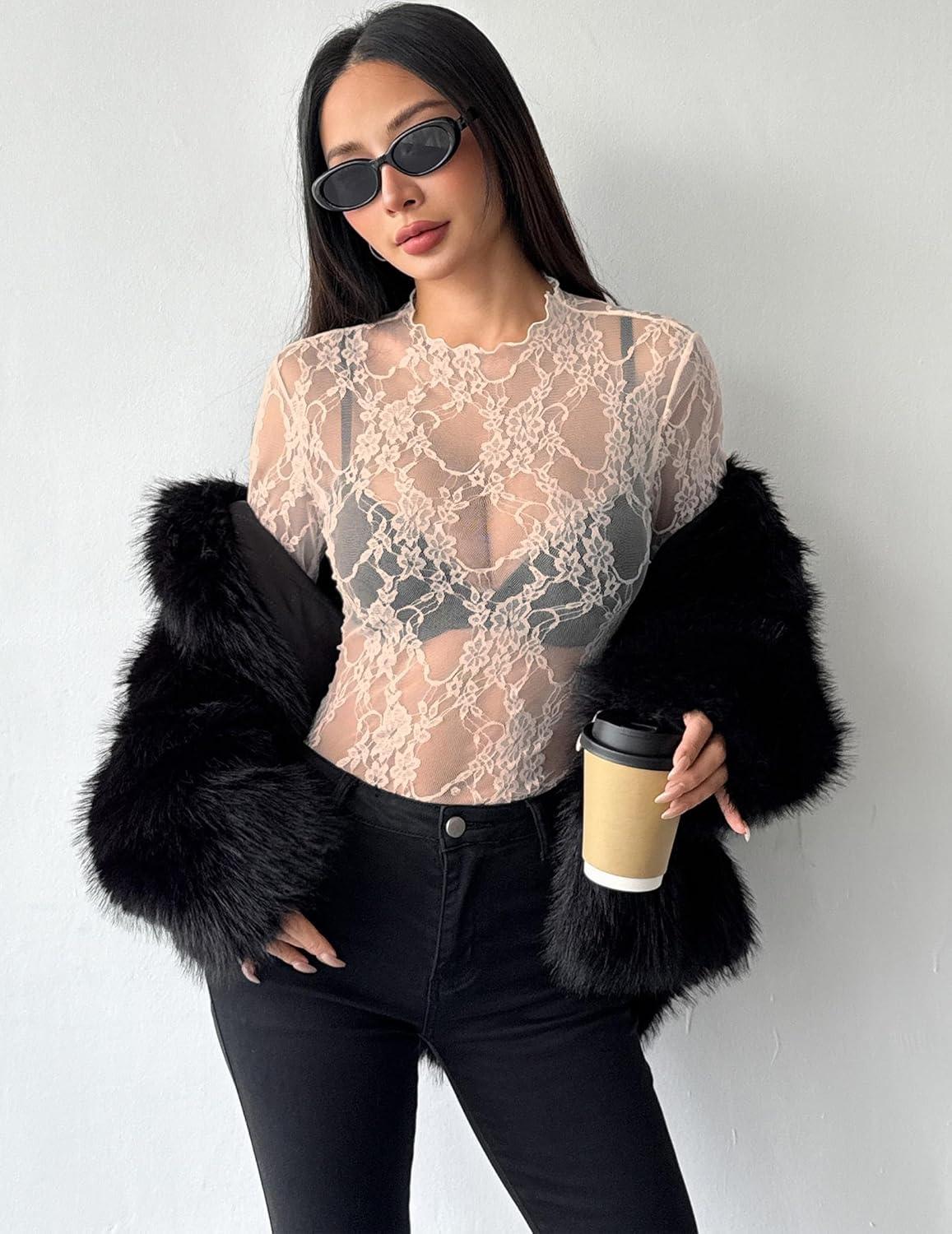 imageZEAGOO Womens Mesh Long Sleeve Tops Mock Neck Going Out See Through Shirts Sexy Sheer Blouses Clubwear SXXLLace Champagne