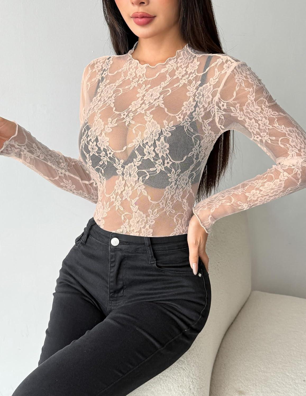 imageZEAGOO Womens Mesh Long Sleeve Tops Mock Neck Going Out See Through Shirts Sexy Sheer Blouses Clubwear SXXLLace Champagne