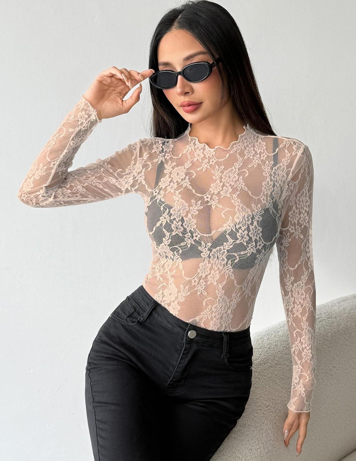 imageZEAGOO Womens Mesh Long Sleeve Tops Mock Neck Going Out See Through Shirts Sexy Sheer Blouses Clubwear SXXLLace Champagne