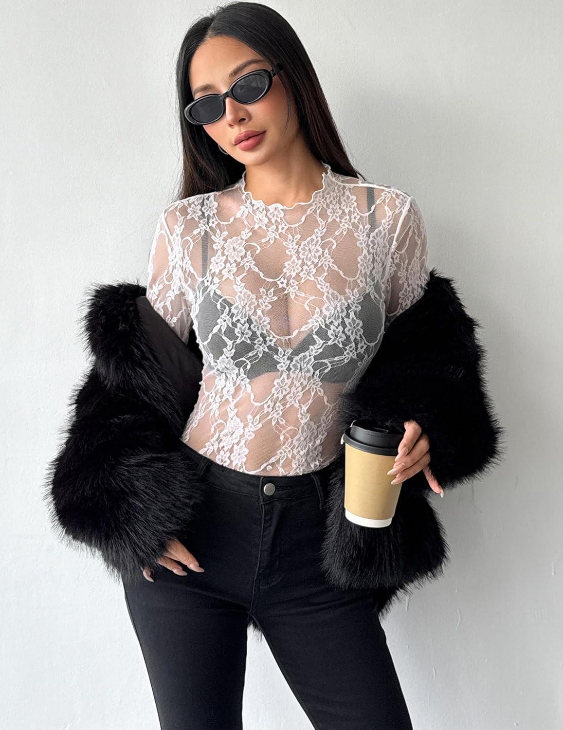 imageZEAGOO Womens Mesh Long Sleeve Tops Mock Neck Going Out See Through Shirts Sexy Sheer Blouses Clubwear SXXLLace White