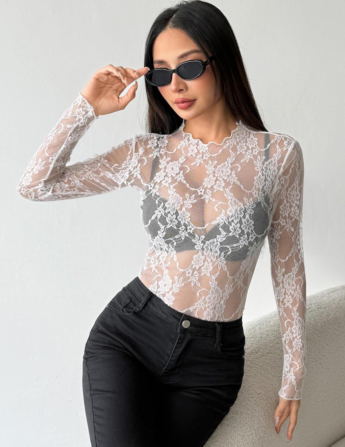 imageZEAGOO Womens Mesh Long Sleeve Tops Mock Neck Going Out See Through Shirts Sexy Sheer Blouses Clubwear SXXLLace White