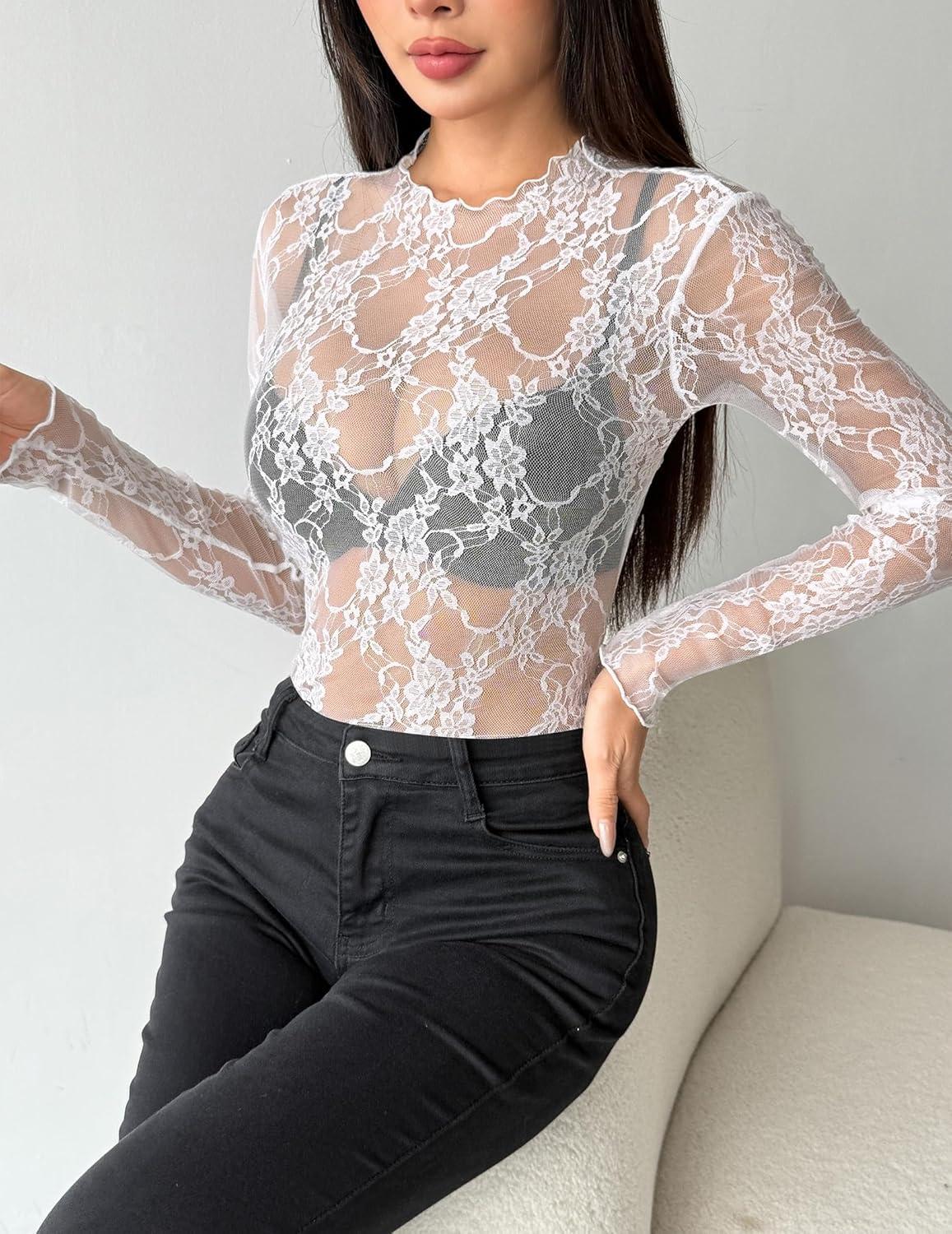 imageZEAGOO Womens Mesh Long Sleeve Tops Mock Neck Going Out See Through Shirts Sexy Sheer Blouses Clubwear SXXLLace White