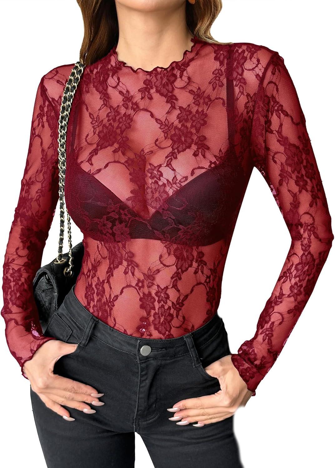 imageZEAGOO Womens Mesh Long Sleeve Tops Mock Neck Going Out See Through Shirts Sexy Sheer Blouses Clubwear SXXLLace Wine Red