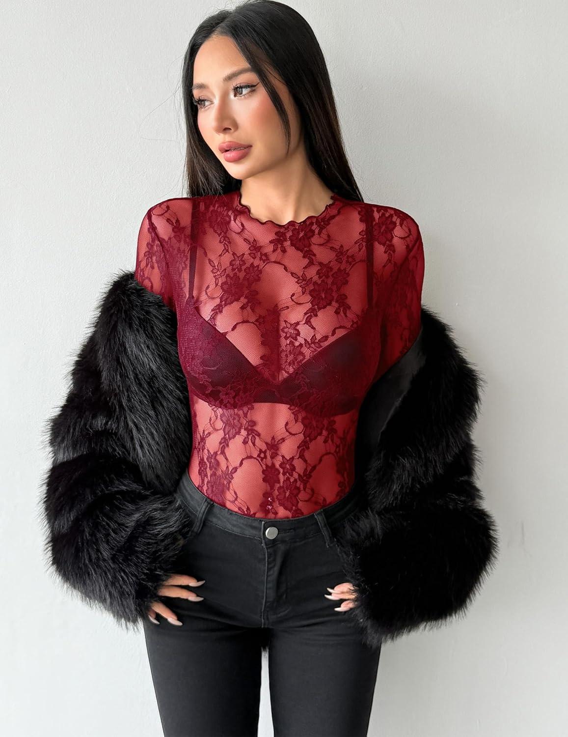 imageZEAGOO Womens Mesh Long Sleeve Tops Mock Neck Going Out See Through Shirts Sexy Sheer Blouses Clubwear SXXLLace Wine Red
