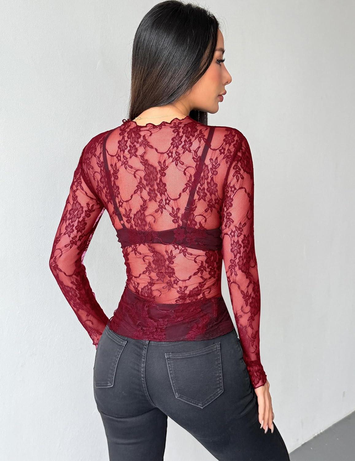 imageZEAGOO Womens Mesh Long Sleeve Tops Mock Neck Going Out See Through Shirts Sexy Sheer Blouses Clubwear SXXLLace Wine Red