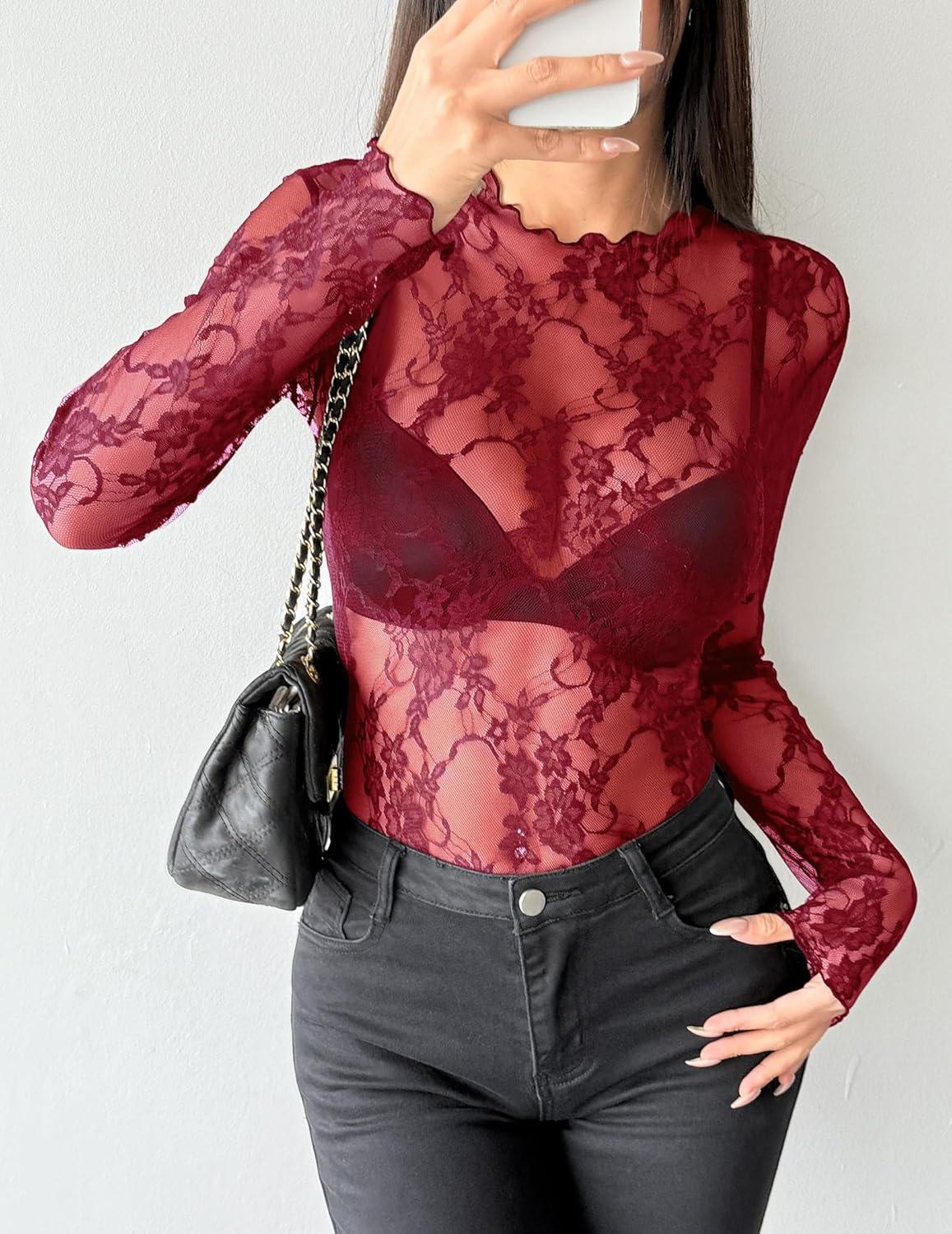 imageZEAGOO Womens Mesh Long Sleeve Tops Mock Neck Going Out See Through Shirts Sexy Sheer Blouses Clubwear SXXLLace Wine Red