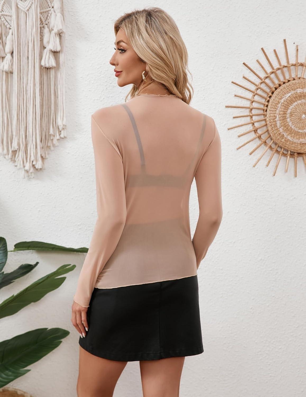 imageZEAGOO Womens Mesh Long Sleeve Tops Mock Neck Going Out See Through Shirts Sexy Sheer Blouses Clubwear SXXLLight Tan
