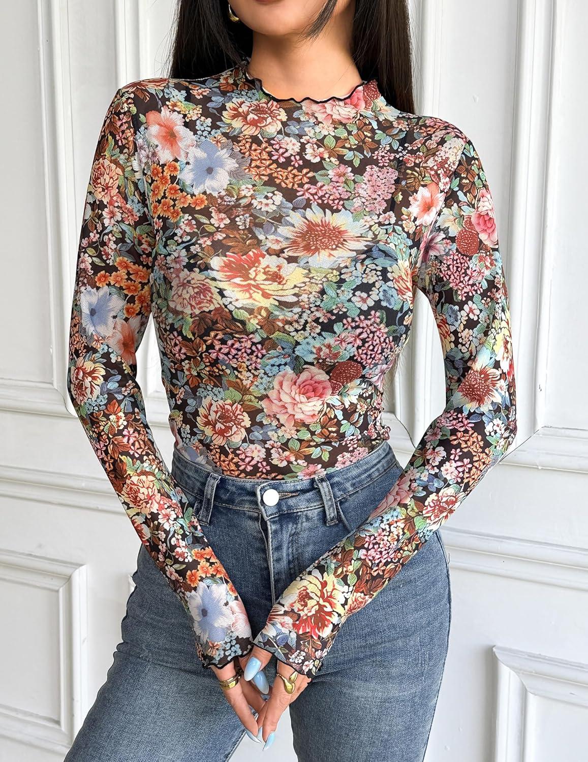 imageZEAGOO Womens Mesh Long Sleeve Tops Mock Neck Going Out See Through Shirts Sexy Sheer Blouses Clubwear SXXLWf66