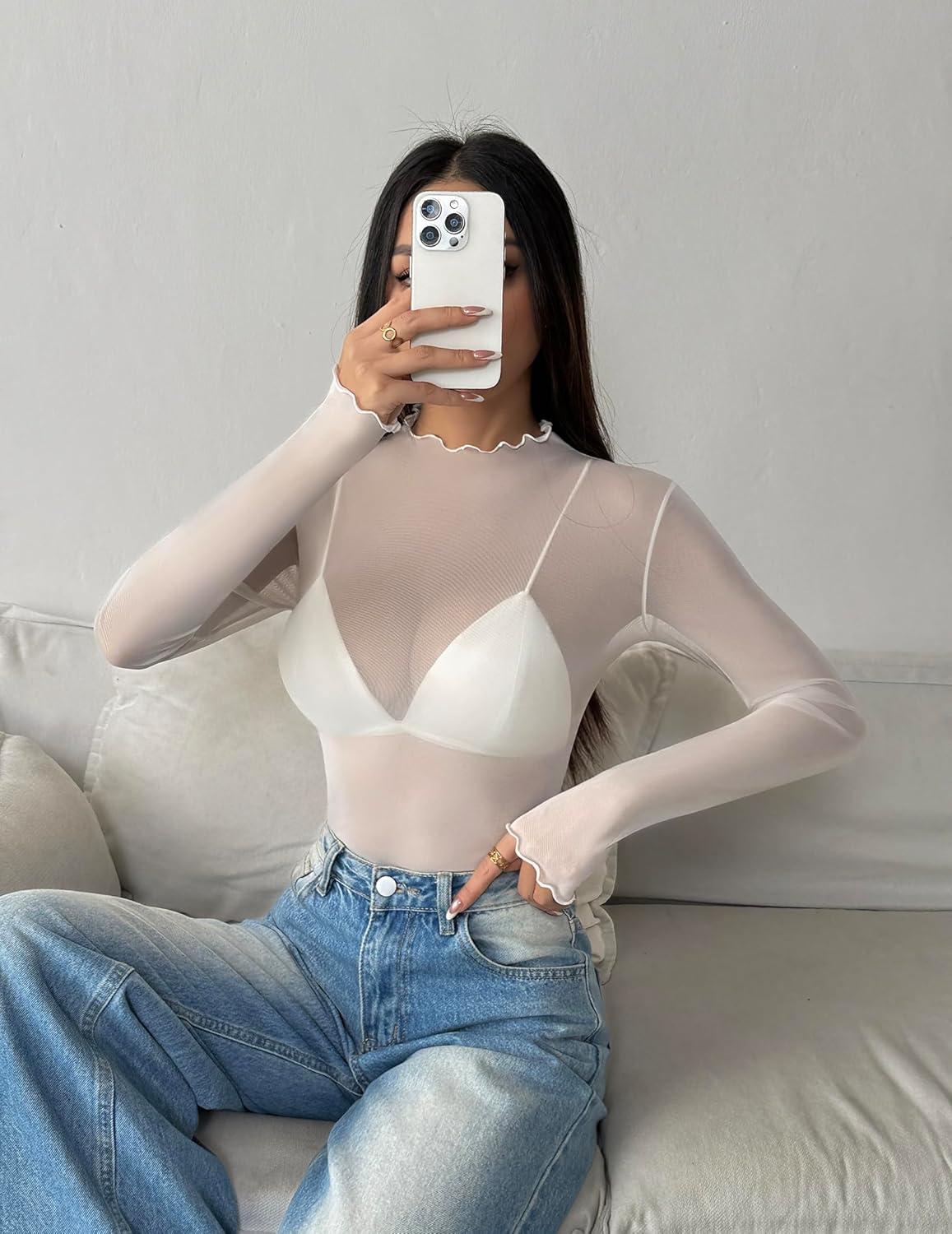 imageZEAGOO Womens Mesh Long Sleeve Tops Mock Neck Going Out See Through Shirts Sexy Sheer Blouses Clubwear SXXLWhite