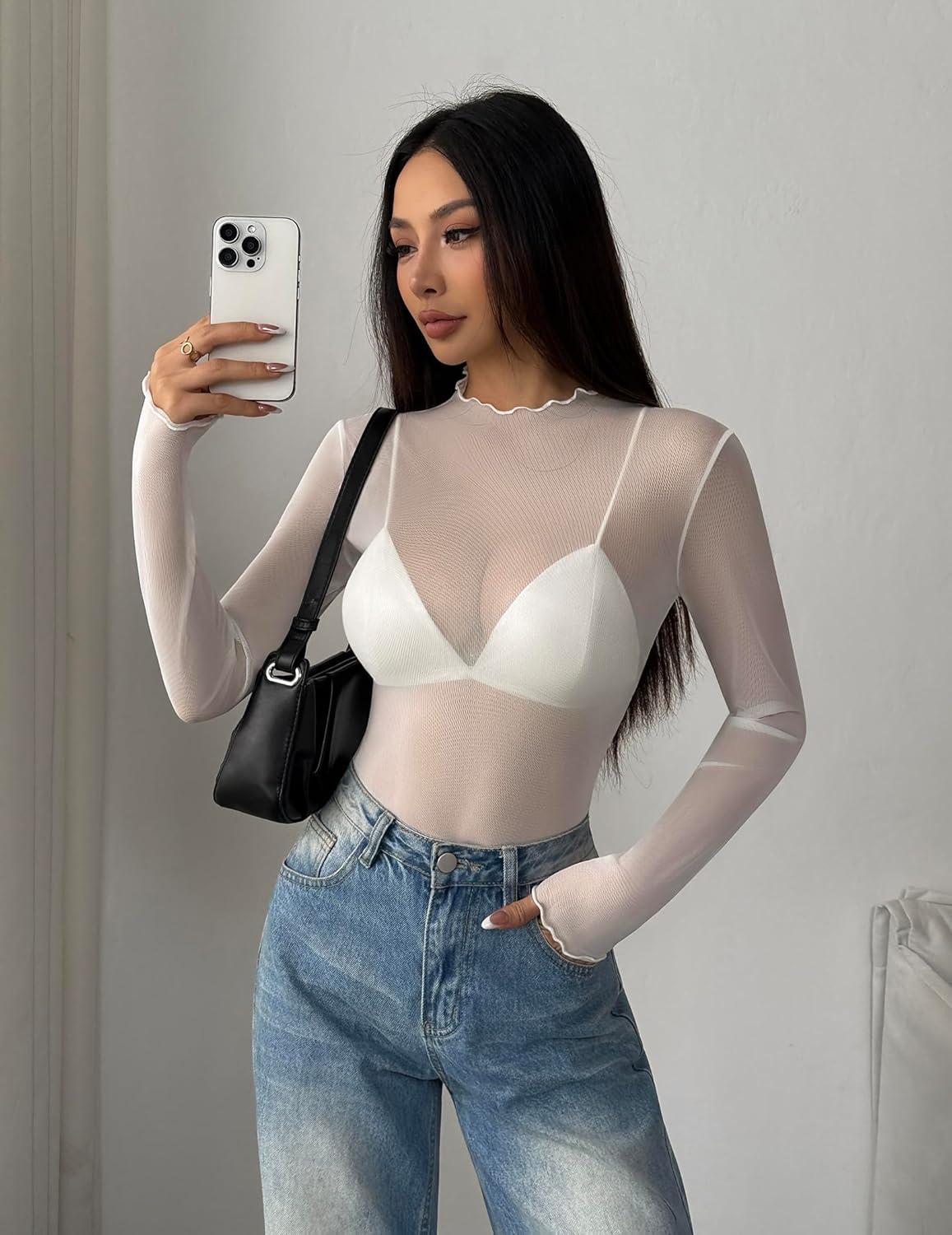imageZEAGOO Womens Mesh Long Sleeve Tops Mock Neck Going Out See Through Shirts Sexy Sheer Blouses Clubwear SXXLWhite