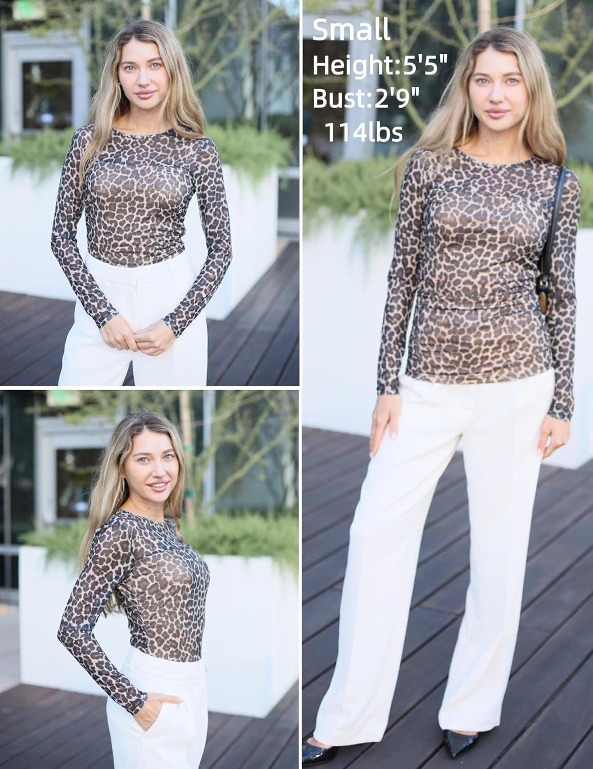 imageZeagoo Long Sleeve Shirts for Women Sheer Mesh Sexy Blouses Fall Fashion Crewneck Going Out TopsBrown Leopard Print