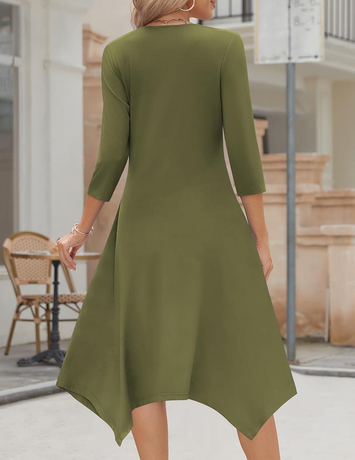 imageZeagoo Midi Dresses Women 2026 Spring Dress 34 Sleeve Casual Dresses with Pockets A Line Summer Beach SundressArmy Green
