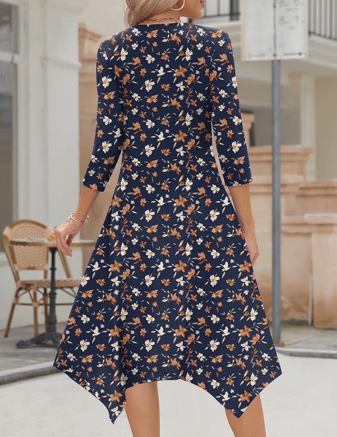 imageZeagoo Midi Dresses Women 2026 Spring Dress 34 Sleeve Casual Dresses with Pockets A Line Summer Beach SundressBlue Floral