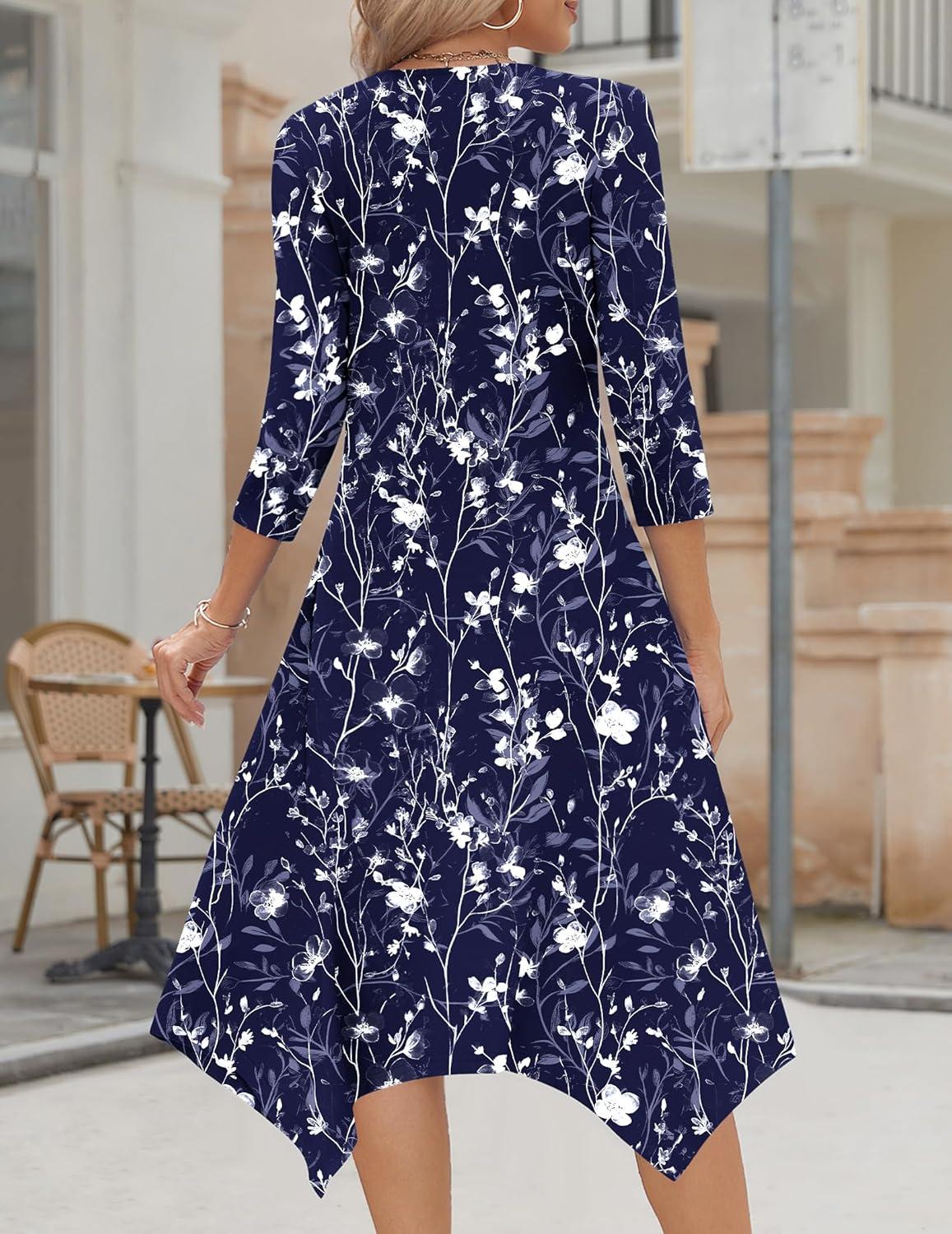 imageZeagoo Midi Dresses Women 2026 Spring Dress 34 Sleeve Casual Dresses with Pockets A Line Summer Beach SundressBlue Flower
