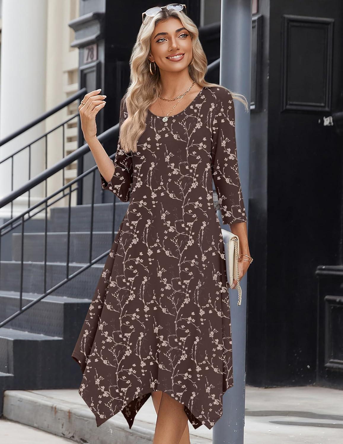 imageZeagoo Midi Dresses Women 2026 Spring Dress 34 Sleeve Casual Dresses with Pockets A Line Summer Beach SundressCoffee