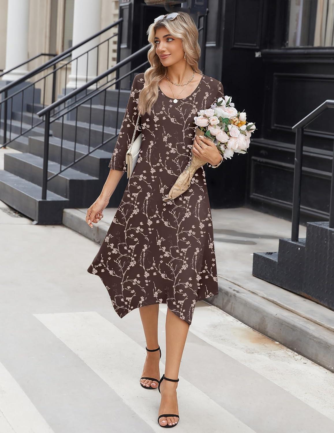 imageZeagoo Midi Dresses Women 2026 Spring Dress 34 Sleeve Casual Dresses with Pockets A Line Summer Beach SundressCoffee