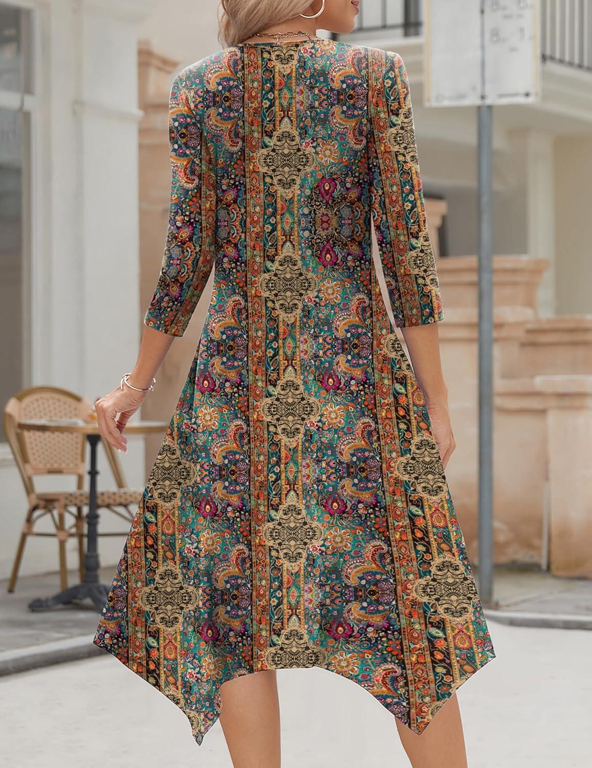 imageZeagoo Midi Dresses Women 2026 Spring Dress 34 Sleeve Casual Dresses with Pockets A Line Summer Beach SundressEthnic Brown