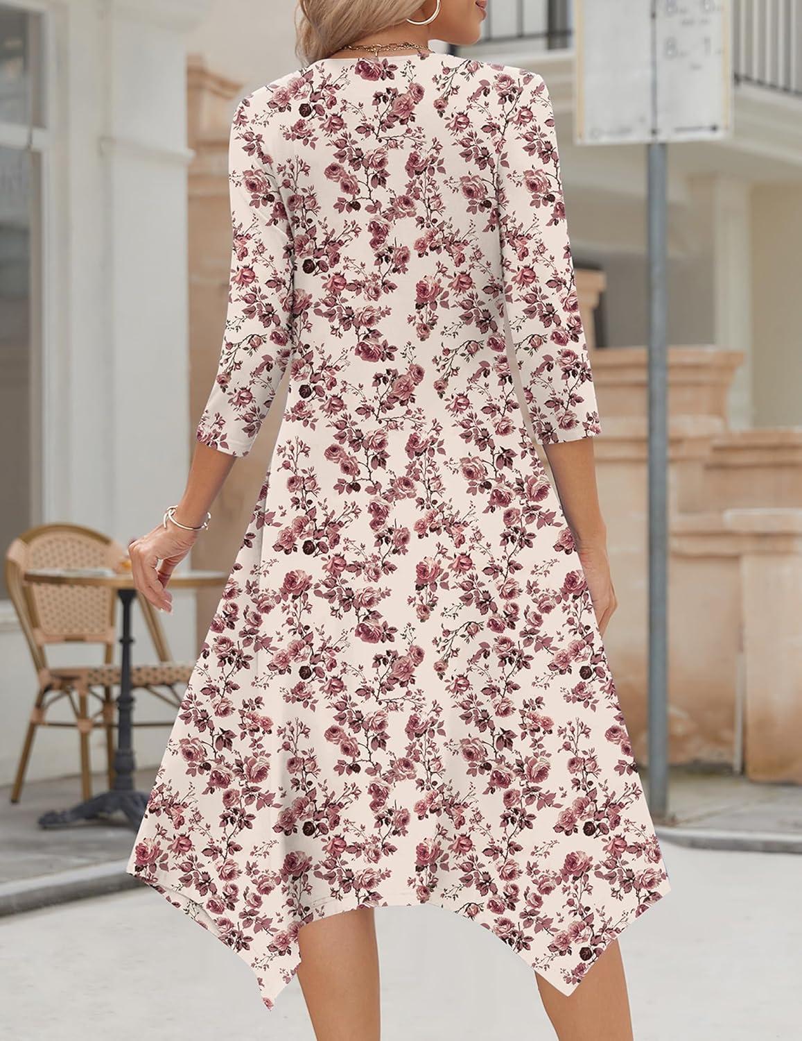 imageZeagoo Midi Dresses Women 2026 Spring Dress 34 Sleeve Casual Dresses with Pockets A Line Summer Beach SundressFloral Apricot