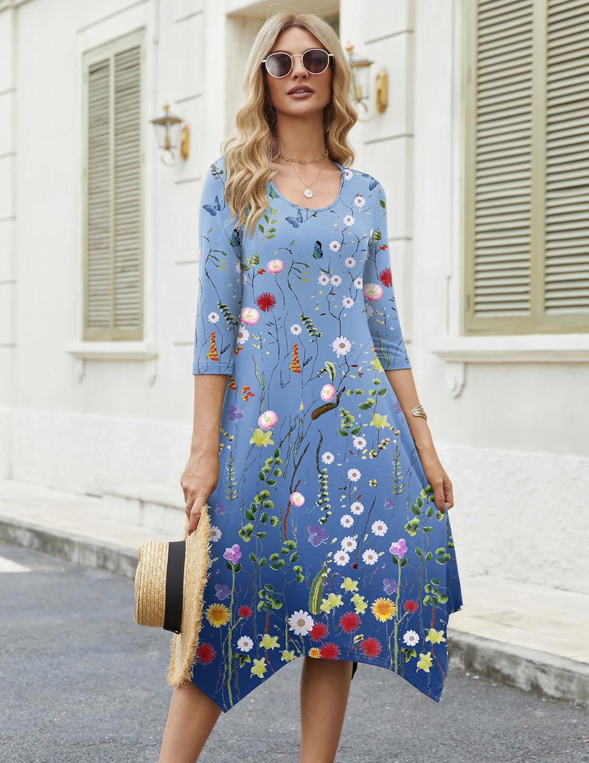 imageZeagoo Midi Dresses Women 2026 Spring Dress 34 Sleeve Casual Dresses with Pockets A Line Summer Beach SundressGradient Blue