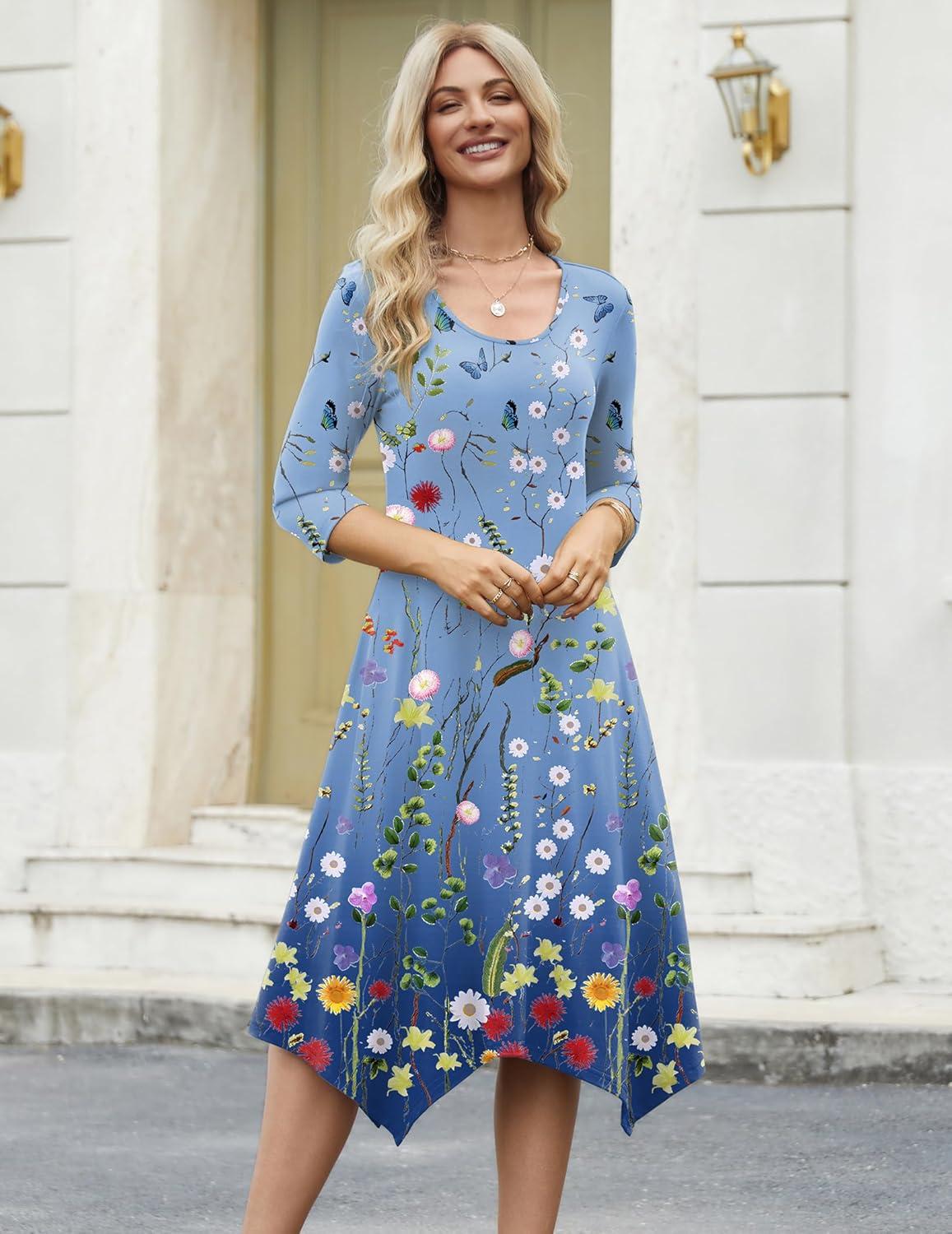 imageZeagoo Midi Dresses Women 2026 Spring Dress 34 Sleeve Casual Dresses with Pockets A Line Summer Beach SundressGradient Blue