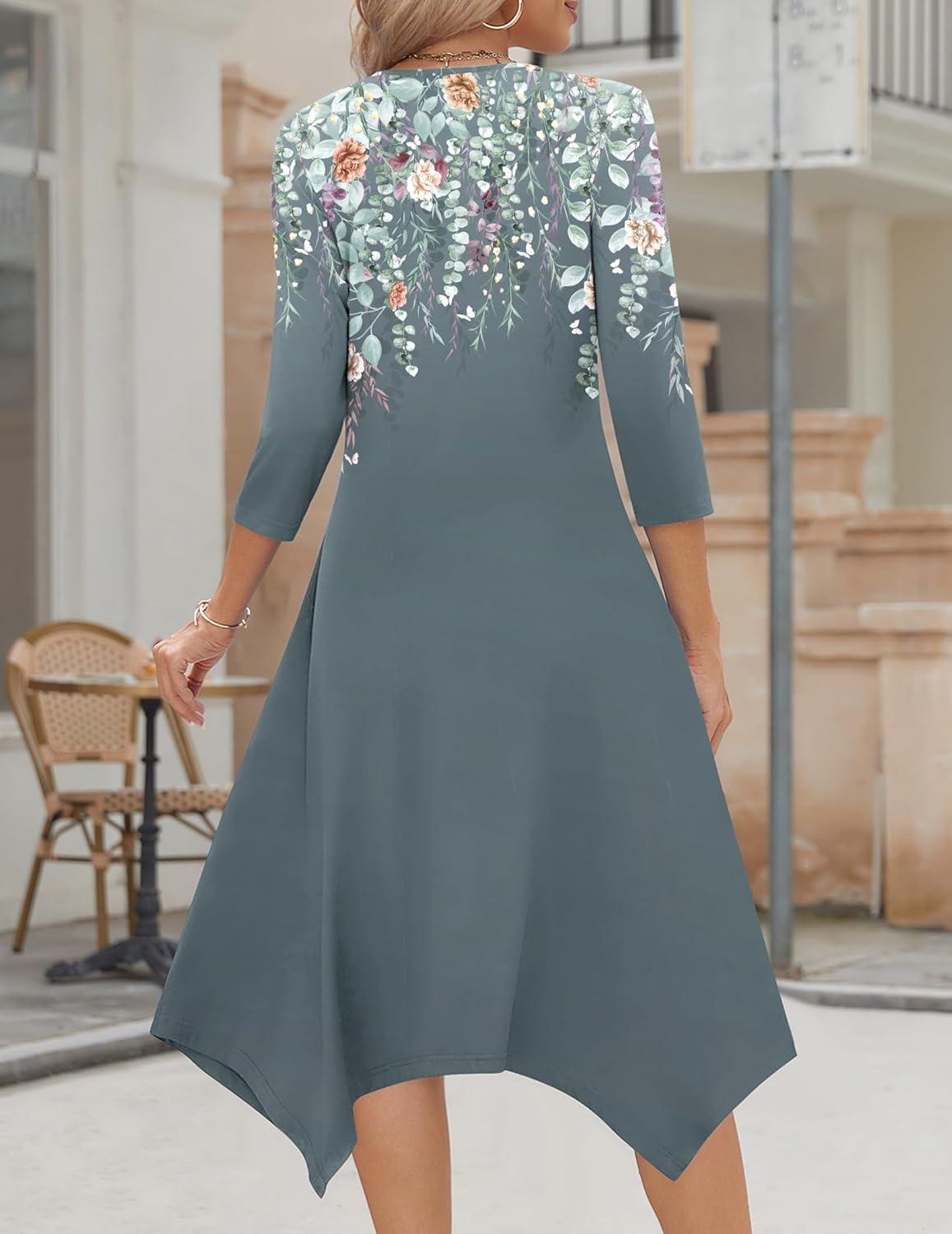 imageZeagoo Midi Dresses Women 2026 Spring Dress 34 Sleeve Casual Dresses with Pockets A Line Summer Beach SundressGreen Floral