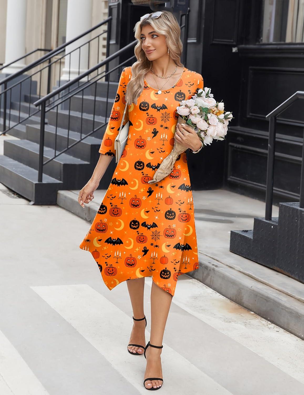 imageZeagoo Midi Dresses Women 2026 Spring Dress 34 Sleeve Casual Dresses with Pockets A Line Summer Beach SundressHalloween Pumpkin