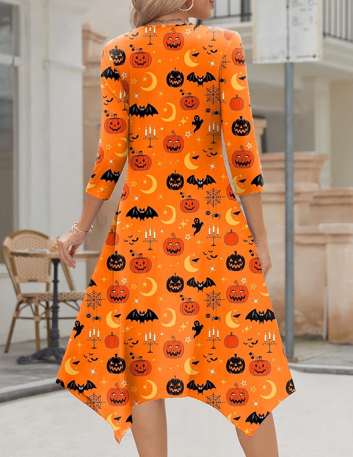 imageZeagoo Midi Dresses Women 2026 Spring Dress 34 Sleeve Casual Dresses with Pockets A Line Summer Beach SundressHalloween Pumpkin